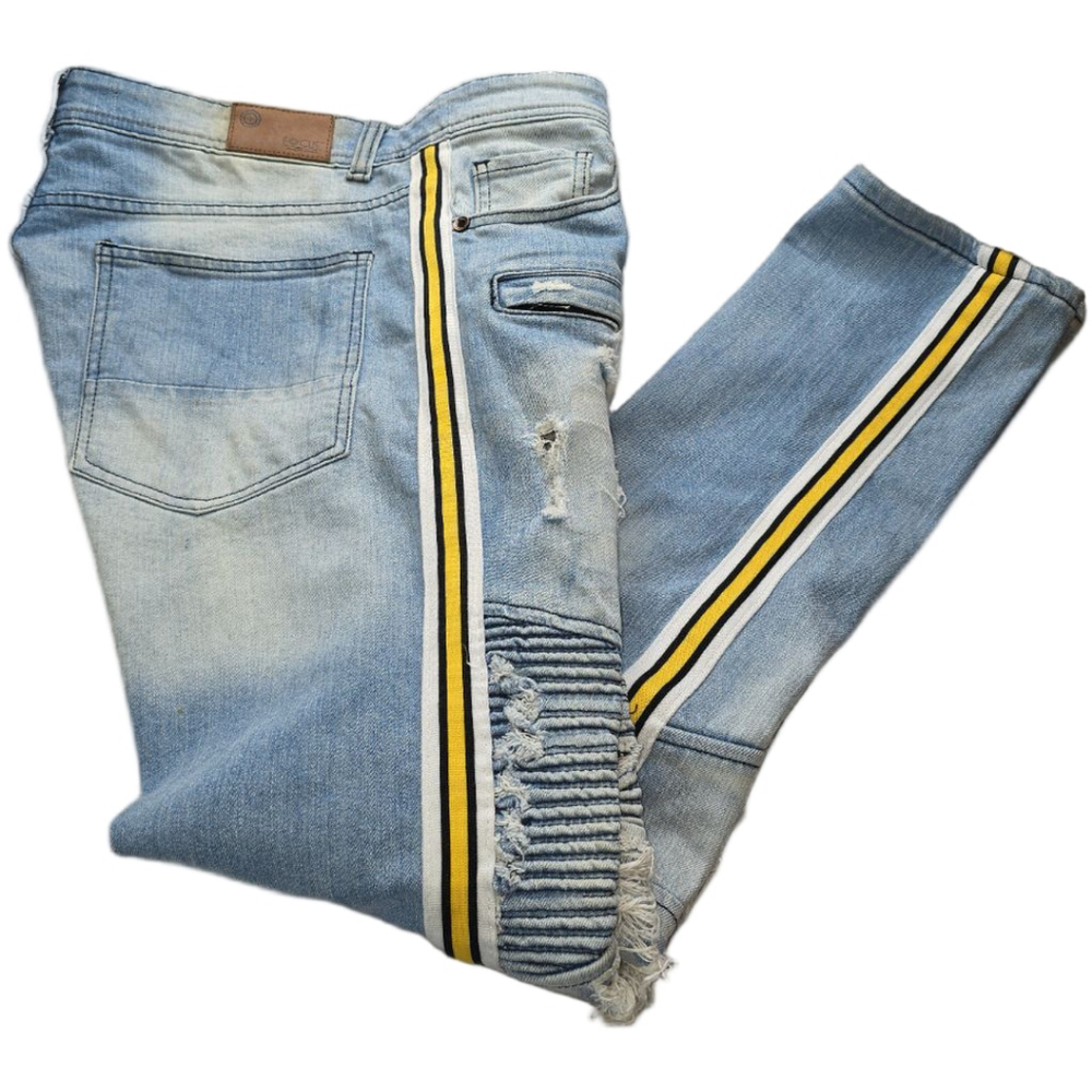 Focus Moto Jeans Mens 36x32 Distressed Biker Ribbed Side Stripe Light Wash Denim